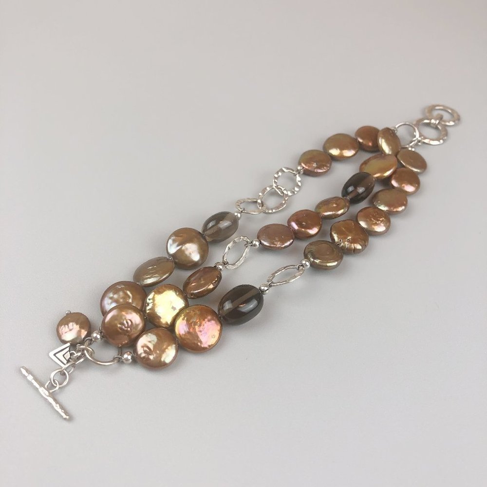 Silpada Mulitstrand Sterling Silver Smoky Quartz Bronze Pearl Coin Bracelet B185